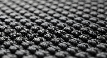 A detailed macro photograph reveals the texture of a tightly woven black fabric, showing the intricate, repeating pattern of the threads. This abstract, monochrome image serves as a versatile background representing textiles, durability, and material science.の素材