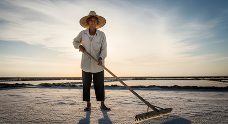 An elderly Asian salt farmer, wearing a traditional conical hat, stands proudly in a vast salt evaporation pond during a beautiful sunset. He holds a long wooden rake used for harvesting, looking directly at the camera with a weathered expression. The image portrays a life of hard manual labor, tradition, and resilience.の素材