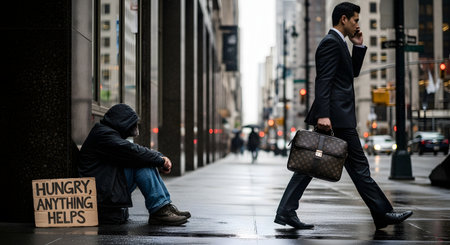 A stark contrast between wealth and poverty is depicted on a wet city street, where a businessman in a suit walks past a homeless person sitting on the sidewalk. The homeless person has a cardboard sign asking for help, highlighting social issues like inequality, poverty, and indifference.の素材