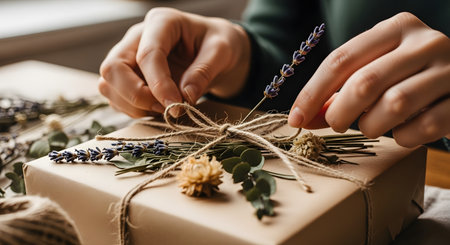 A person's hands are carefully tying a bow with natural twine on a gift box wrapped in simple brown kraft paper. The present is beautifully decorated with dried lavender and other flowers, giving it a rustic and eco-friendly feel. The image represents thoughtfulness, gift-giving, celebration, and handmade crafts.の素材