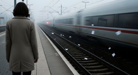 A woman, seen from behind, stands on a foggy train station platform as a modern high-speed train blurs past her. Papers are caught in the wind, creating a sense of motion, departure, and mystery in a moody, atmospheric setting.の素材