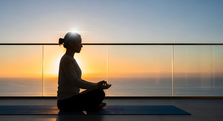 Silhouette of a woman in a lotus yoga pose, meditating peacefully on a mat. She is on a modern balcony with a glass railing, overlooking a calm ocean during a beautiful sunrise or sunset. The image evokes feelings of tranquility, mindfulness, wellness, and spiritual harmony.の素材