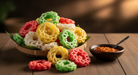 A colorful pile of Indonesian krupuk crackers is served in a woven bamboo basket on a wooden table. A small bowl of spicy sambal sauce is placed next to the basket for dipping.の素材