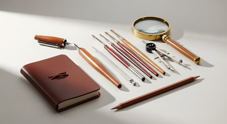 A collection of classic writing and artistic tools are neatly arranged on a light surface. The set includes a leather-bound journal, a fountain pen, various paintbrushes, a magnifying glass, a drawing compass, and a pencil, evoking themes of creativity, craftsmanship, and traditional artistry.の素材