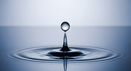 A perfect single drop of clear water is captured at the moment of impact with a calm water surface, creating concentric ripples. The high-speed macro photograph has a clean, minimalist aesthetic against a soft blue-gray background, symbolizing purity and clarity.の素材