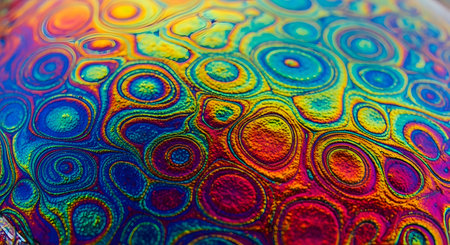 A vibrant macro photograph reveals the colorful, psychedelic patterns on the surface of a soap bubble. The swirling iridescent colors create a mesmerizing and abstract background, illustrating concepts from physics, fluid dynamics, and art.の素材