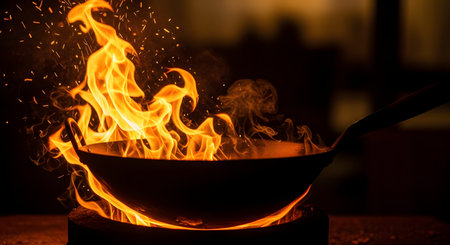 A black wok is engulfed in high, intense flames and flying sparks during a cooking process, suggesting a stir-fry technique. The dramatic lighting in a dark environment highlights the heat and energy of gourmet or Asian cuisine preparation.の素材