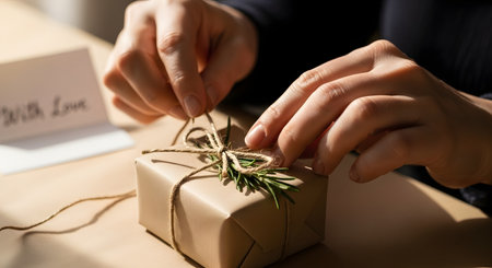 Close-up of hands carefully tying a twine bow on a small gift wrapped in brown kraft paper and decorated with a sprig of rosemary. In the background, a card with the words 'With Love' is visible, enhancing the personal and heartfelt nature of the gesture. This image represents gift-giving, celebrations, and handmade presents.の素材