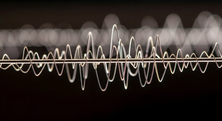 An abstract visualization of a soundwave or digital signal, rendered as a glowing, oscillating line against a dark background. Out-of-focus bokeh lights add depth to the image, which represents concepts like audio, frequency, communication, data, and modern technology.の素材