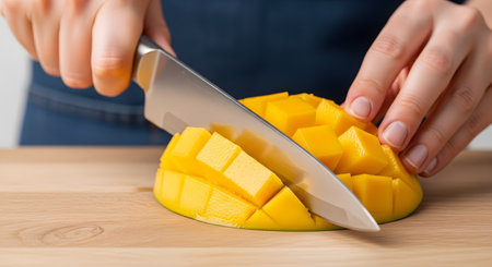 A close-up shot shows a person's hands skillfully using a large, sharp knife to slice a half of a ripe, yellow mango into a diced pattern. The mango rests on a wooden cutting board, ready to be eaten. The image highlights fresh food preparation, healthy eating, and the vibrant color of the tropical fruit.の素材