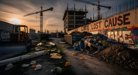An abandoned construction site is depicted at sunset, with large cranes looming over an unfinished concrete building. The foreground is littered with debris, construction materials, and a dumpster, while a concrete wall features prominent graffiti that reads 'LOST CAUSE'. The image conveys themes of economic decline, failure, urban decay, and abandonment.の素材