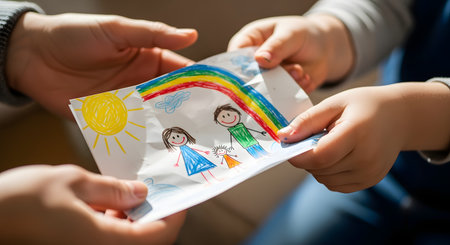Close-up on hands as a child gives a colorful crayon drawing of their family to an adult. The drawing depicts a happy family with a sun and a rainbow, symbolizing love, innocence, and the bond between parent and child.の素材