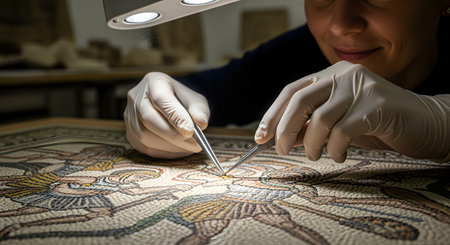 A focused conservator or archaeologist wearing gloves uses tweezers with extreme precision to restore a detailed ancient mosaic depicting figures. The scene is lit by an overhead lamp, highlighting the delicate and meticulous nature of historical preservation.の素材