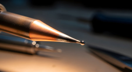 A macro photograph of a hot soldering iron tip, glowing with a copper hue. A perfect, tiny sphere of molten solder clings to the very end of the tip, reflecting the light.の素材