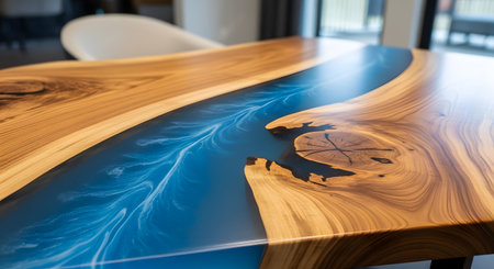 A stunning close-up of a live edge wood table featuring a vibrant blue epoxy resin river running through the center. The intricate patterns in the resin mimic flowing water, contrasting beautifully with the natural grain of the polished wood. This image showcases modern craftsmanship and bespoke furniture design.の素材