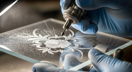 A close-up shot of a skilled artisan wearing blue gloves using a rotary tool to engrave an intricate floral design onto a sheet of glass. The precise work creates a fine white dust, highlighting the detail and craftsmanship of the process under a bright light.の素材