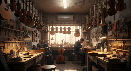 A skilled luthier is engrossed in his work at a bench in a traditional musical instrument workshop. The room is filled with hanging guitars, violins, and trumpets, along with various tools, conveying an atmosphere of craftsmanship, dedication, and artistry.の素材