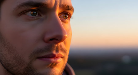 An extreme close-up of a young man's face, illuminated by the warm, golden light of a sunset or sunrise. His expression is pensive and hopeful as he looks off into the distance, with the soft, blurred background suggesting a vast landscape. The image conveys contemplation, hope, and determination.の素材