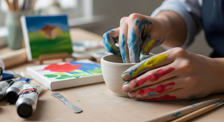 An artist's hands, covered in colorful paint, are shaping a small ceramic bowl on a wooden desk. Art supplies like paint tubes and brushes are in the background, representing creativity, hobbies, and the artistic process.の素材