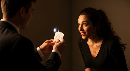 A magician in a suit performs a card trick for a woman, whose face shows an expression of pure amazement and wonder. A small, glowing orb levitates just above the deck of cards held by the magician. The scene is dramatically lit, focusing on the magical moment and the audience's reaction.の素材