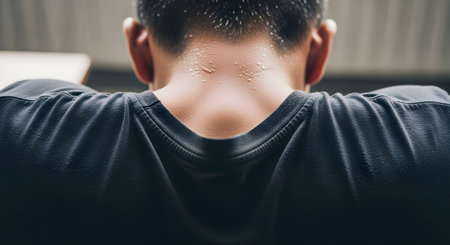 A close-up, rear-view shot focusing on the neck and shoulders of a man, with visible beads of sweat trickling down his skin. He is wearing a dark t-shirt, and the image powerfully conveys concepts of intense workout, exertion, heat, or physical effort.の素材