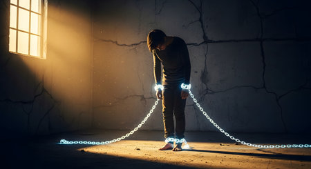 A conceptual image of a man standing with his head bowed in a dark, derelict room, bound by glowing chains on his wrists and ankles. A single ray of light from a barred window illuminates him, symbolizing concepts of imprisonment, struggle, hopelessness, addiction, or mental health challenges, with a glimmer of hope.の素材