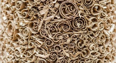 A detailed macro photograph captures a dense, abstract pattern of curled wood shavings. The swirling and spiral shapes create a complex and organic texture, representing concepts of woodworking, recycling, or natural materials.の素材