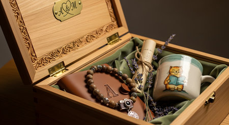 An open wooden keepsake box reveals a curated collection of personalized gifts nestled in green fabric. The box contains a custom mug with a cat illustration, a beaded bracelet, a leather journal, and dried lavender. A plaque on the lid is engraved with initials, making it a thoughtful gift for a special occasion.の素材