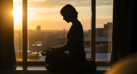 A silhouette of a woman in a lotus yoga pose, meditating peacefully on a cushion in front of a large window. The warm golden light of the sunrise illuminates the city skyline in the background, creating a serene atmosphere of mindfulness and inner peace.の素材