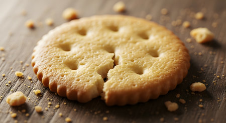A detailed macro photograph of a single, round, golden-brown cracker resting on a wooden table. The cracker has a crack down the middle and is surrounded by small crumbs, highlighting its crispy texture. The image focuses on the simple details of a common snack food.の素材