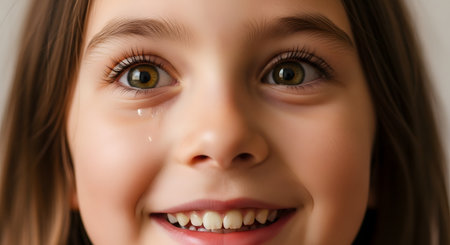 An emotional close-up of a young girl's face, capturing a moment of mixed feelings. She has a wide, happy smile, but a single tear is rolling down her cheek from her large, expressive eye, conveying tears of joy, relief, or bittersweet happiness.の素材