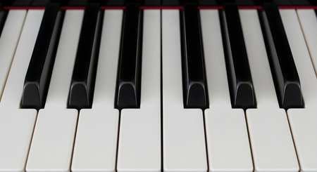 A clean, top-down, close-up view of the black and white keys of a piano or keyboard. The repeating pattern creates a classic and minimalist background related to music, performance, and learning an instrument.の素材