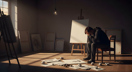 A despairing artist sits with his head in his hands in a sunlit studio, facing a blank canvas on an easel. Crumpled sketches litter the floor, symbolizing a creative block, frustration, and the challenges of the artistic process.の素材