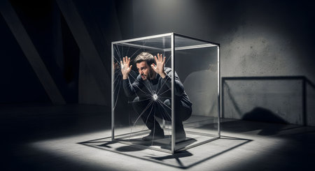 A distressed man is crouched inside a transparent glass box, pushing against the walls as if trapped. One side of the box is cracked, centered on his hand, suggesting a struggle for freedom. The scene is set in a dark, empty room, creating a powerful metaphor for confinement, anxiety, psychological barriers, and isolation.の素材