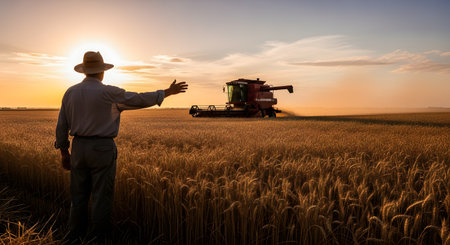 A farmer in a straw hat stands in a golden wheat field at sunset, gesturing towards a combine harvester at work. The scene represents a successful harvest, the abundance of agriculture, and a deep connection to the land.の素材