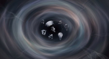 A swirling, dark vortex represents the subconscious mind, with icons of creativity and thoughtâlike lightbulbs, musical notes, and human profilesâemerging from the center. This abstract image symbolizes inspiration, brainstorming, and the birth of ideas.の素材