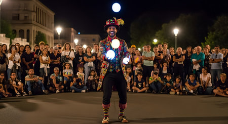 A charismatic street performer in a colorful costume and top hat entertains a large crowd at night by juggling glowing balls. The audience of adults and children watches with fascination during the captivating night-time show.の素材