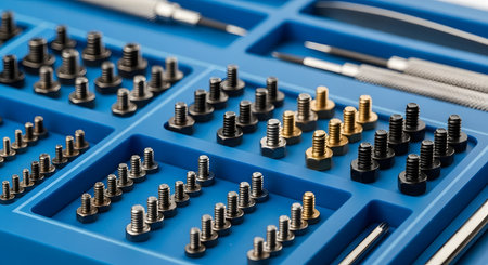 A well-organized kit containing a variety of small, precision screws and tools, likely for repairing electronics, watches, or eyeglasses. The tiny screws are sorted by size and color in a blue plastic tray, with screwdrivers and tweezers nearby. This image represents precision, repair, technology, and detailed work.の素材