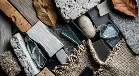 A flat lay composition or mood board showcasing a variety of textures and materials for interior or architectural design. The collection includes stone, concrete, wood, broken glass, burlap fabric, and dry leaves, representing a blend of natural and industrial elements.の素材