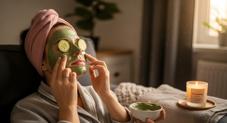 A woman wearing a robe and a towel on her head relaxes on a couch while applying a green clay face mask. She has cucumber slices over her eyes and holds a bowl with more of the mask, creating a perfect scene of at-home spa treatment, self-care, and relaxation. A lit aromatherapy candle is nearby.の素材