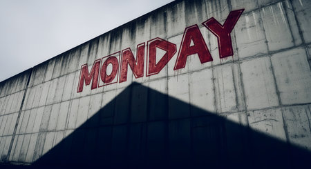 The word 'MONDAY' is spray-painted in red graffiti on a stark, grimy concrete wall. A large, dark shadow cuts across the lower half of the frame, adding to the gritty, urban mood. The image can represent the start of the work week, urban decay, or street art.の素材