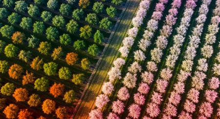 A stunning aerial top-down view of an orchard, diagonally split to show the contrast between seasons. One side has trees in full pink and white bloom for spring, while the other side shows trees with green and autumn-colored leaves. This image illustrates the changing seasons, agriculture, and beautiful natural patterns.の素材