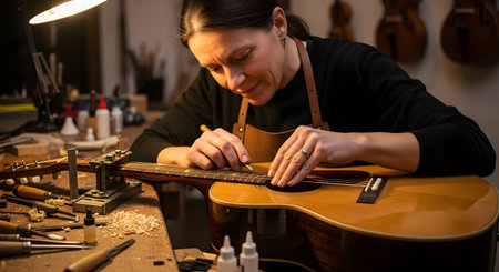 A focused female luthier wearing an apron works meticulously on an acoustic guitar in her cozy, well-lit workshop. She is using a fine tool to adjust the frets, surrounded by other lutherie tools, wood shavings, and instruments. The image conveys passion, craftsmanship, skill, and the art of instrument making.の素材