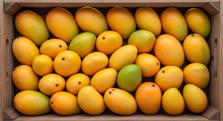 A top-down view of a wooden crate completely filled with fresh, ripe mangoes. The mangoes vary in color from yellow to orange and green, creating a vibrant and abundant display. This image represents a bountiful harvest, fresh produce, and the tropical fruit market.の素材