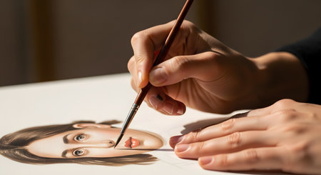 A close-up shot of an artist's hand holding a fine paintbrush, meticulously adding details to the lips of a realistic watercolor portrait of a woman. The scene, illuminated by soft light, highlights the skill, precision, and creativity involved in painting.の素材