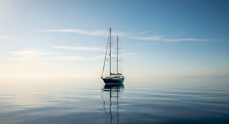A majestic two-masted sailboat floats peacefully on a perfectly calm, glassy sea during a serene sunrise. The sky is a soft gradient of colors, and the boat's reflection is perfectly mirrored in the still water, evoking tranquility, freedom, and luxury travel.の素材