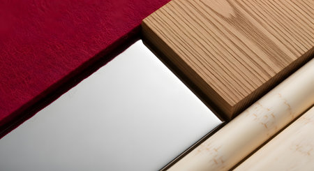An abstract composition of different textures and materials arranged geometrically. The image features red felt, a reflective polished metal surface, natural light wood grain, and bamboo dowels. This serves as a mood board or sample palette for interior design, architecture, or material selection.の素材