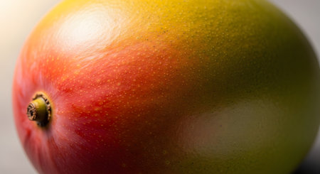 An extreme close-up macro photograph of the skin of a ripe mango, revealing its beautiful color gradient from red to orange and green. The detailed texture of the fruit's peel and its stem are clearly visible, creating a vibrant and fresh abstract background.の素材