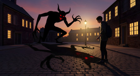 A young boy stands on a cobblestone street at dusk, confronting his own shadow, which has transformed into a terrifying, horned demon with glowing red eyes. This powerful conceptual image represents facing inner fears, anxiety, mental health struggles, and personal demons.の素材