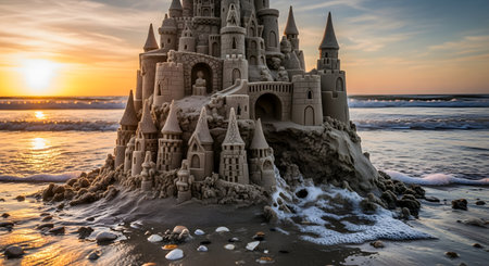 An elaborate and detailed sandcastle stands on a wet beach as waves gently lap at its base. The warm light of the setting sun on the horizon creates a beautiful and nostalgic scene, symbolizing summer holidays, creativity, and the temporary nature of things.の素材